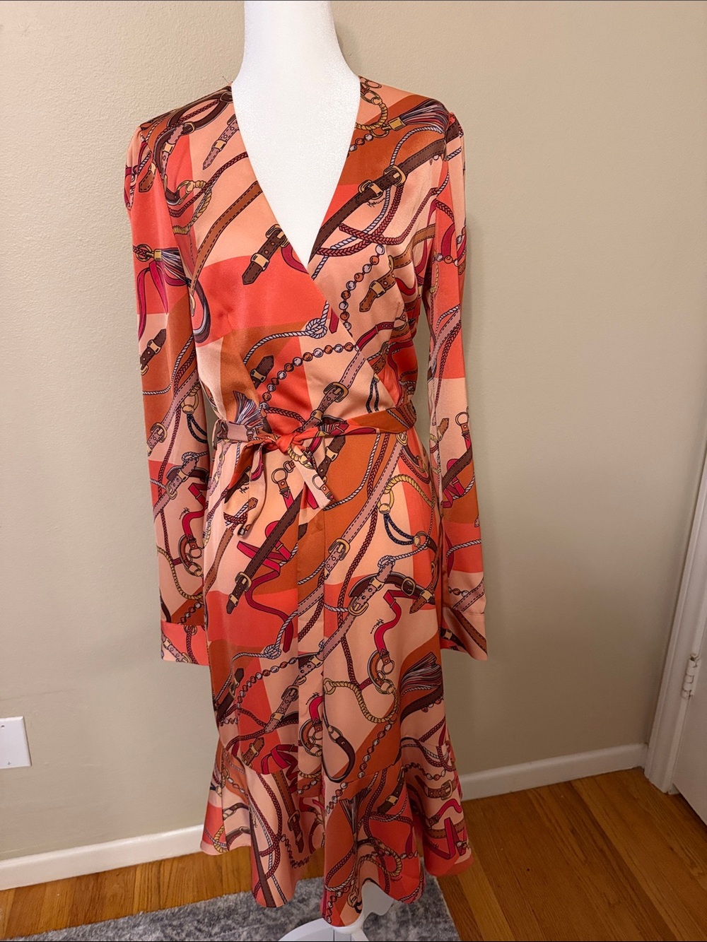 Guess by Marciano Coral and Peach Chain-Print Long Sleeve Wrap Dress